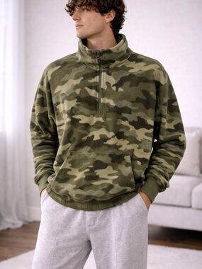 Old Navy Camo Fleece Pullover Womens XL Half Zip Cropped Green Jacket